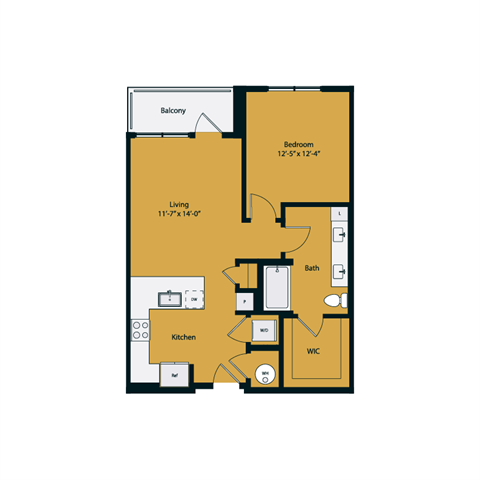 Floor plan for 1 bed, 1 bath, 766 sqft